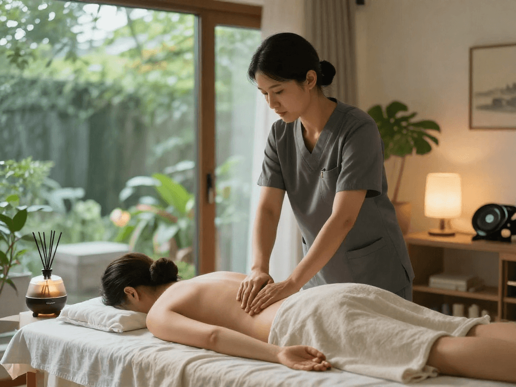 Professional 출장안마 session in a tranquil home setting, highlighting relaxation and wellness.