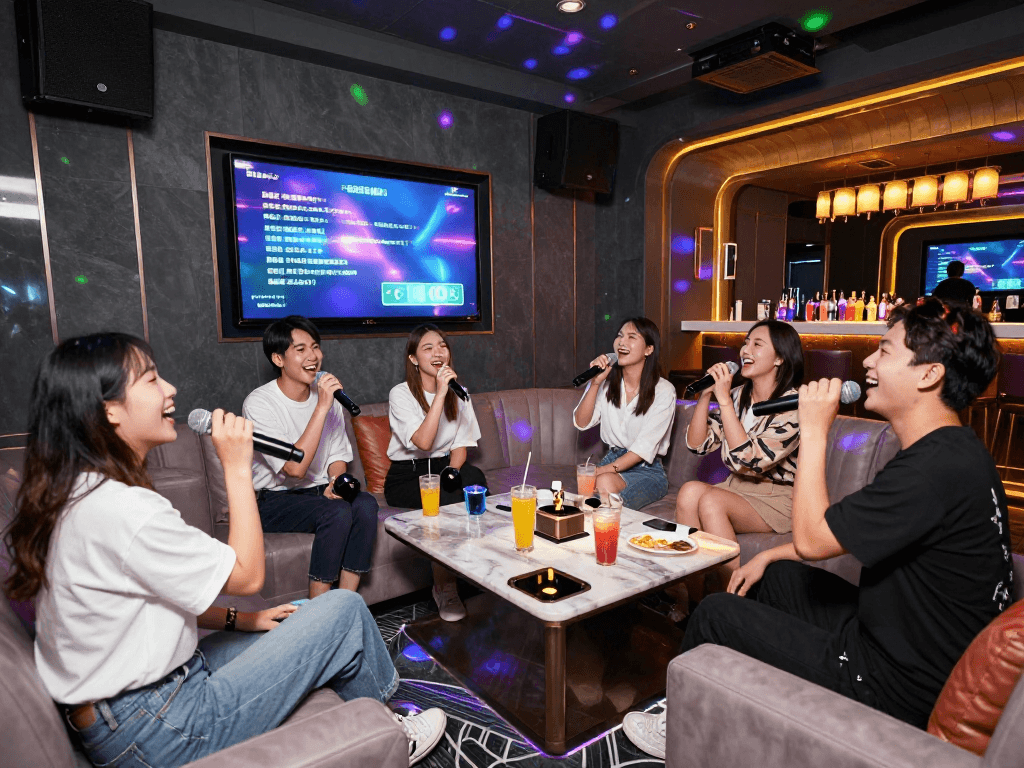 강남 가라오케에서 친구들이 노래를 부르며 즐거운 시간을 보내는 모습, gangnam-karaoke.kr