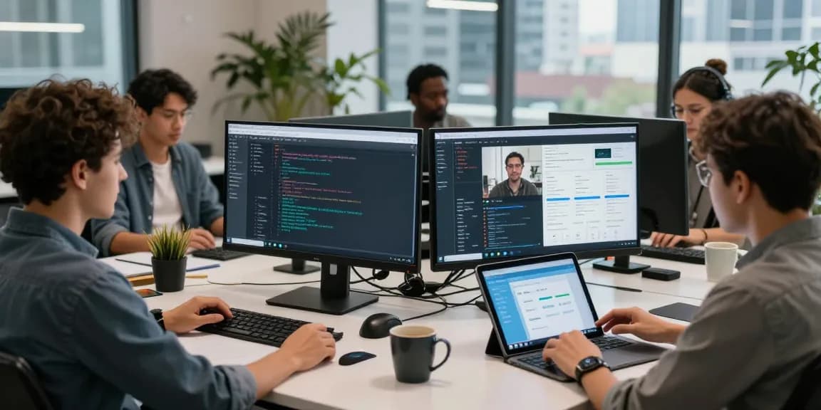 Team of developers collaborating on the WPS Official Website in a modern workspace.