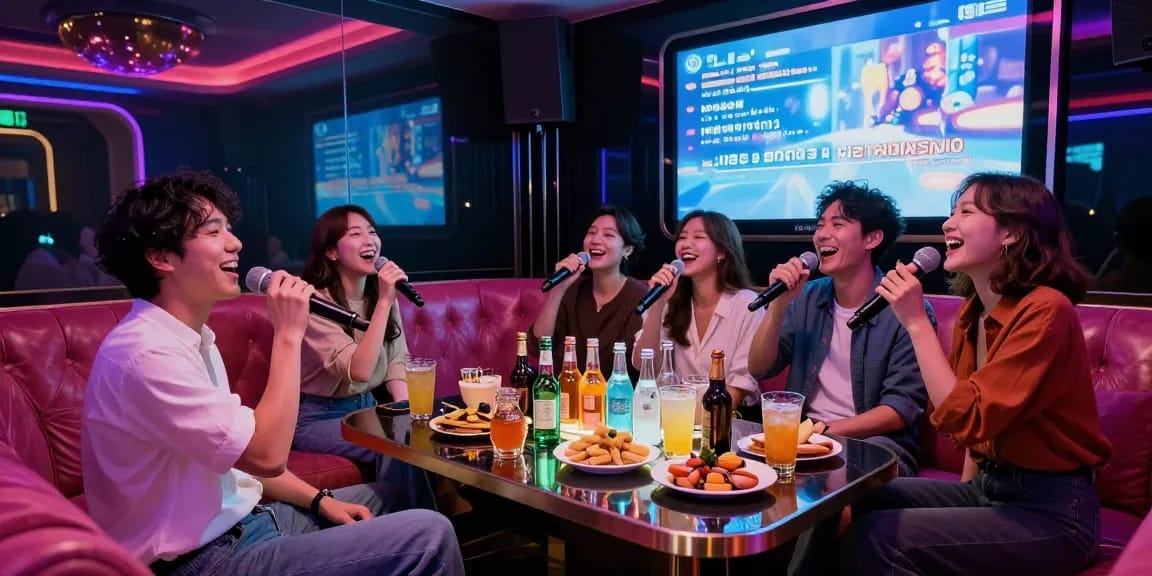 강남가라오케의 화려한 프라이빗 룸에서 친구들이 즐겁게 노래하고 있는 모습.
