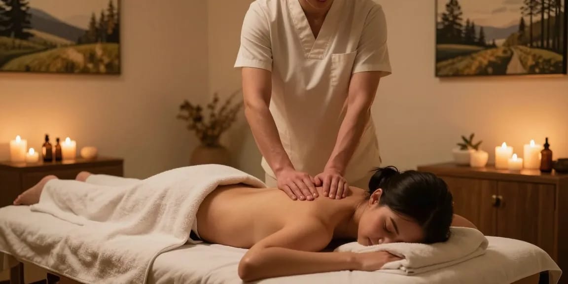 마사지 중인 고객과 치료사가 있는 편안한 치료실 풍경