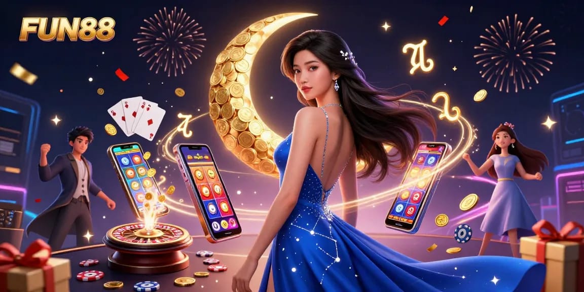 Experience thrilling gaming action at FUN88 with an elegant Asian woman and dynamic casino elements.