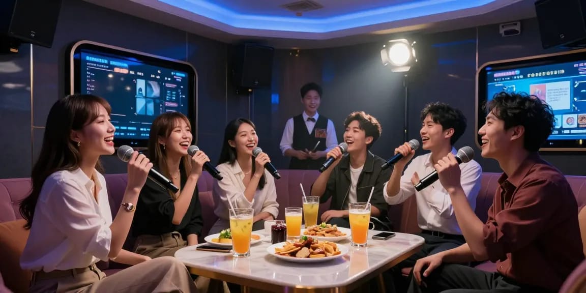 강남가라오케에서 화려한 조명 아래 친구들과 함께 노래하는 모습