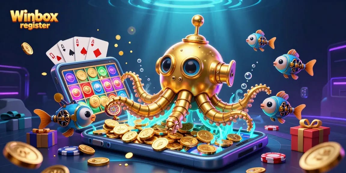 Winbox register offers thrilling gameplay in a vibrant casino world with a kraken and glowing slots.