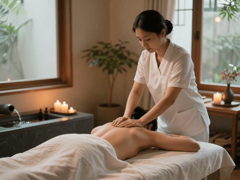 Relaxing 동탄출장마사지 scene with serene therapist and calming atmosphere.