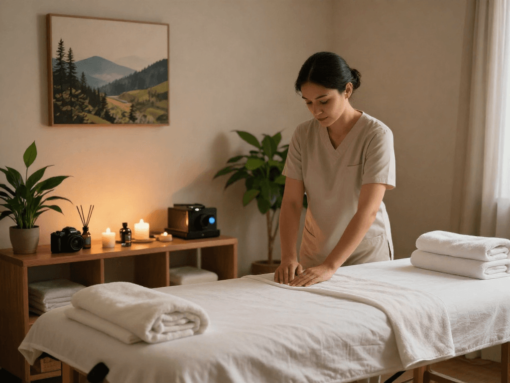 양천구출장마사지 in a serene therapy room with calming atmosphere and soothing elements.