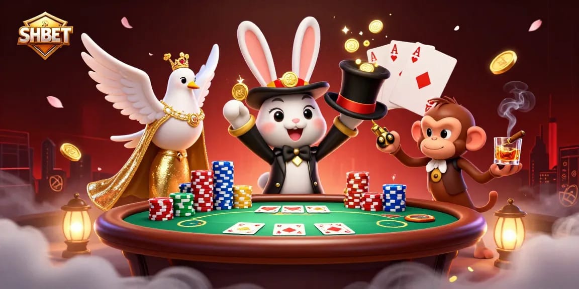 SHBET showcases exciting gambling action with golden coins and poker chips in a vibrant casino setting.