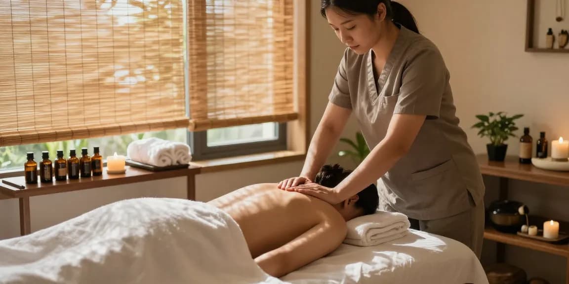 제주마사지 테라피 중인 전문가와 힐링이 이루어지는 평화로운 스파 환경