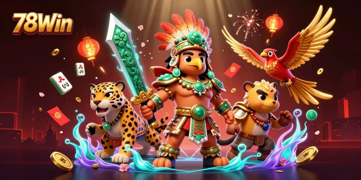 Engage in the thrilling world of 78Win with a vibrant casino scene showcasing warriors amid dynamic game elements.