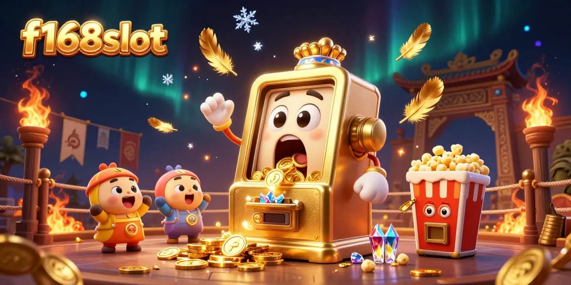 f168slot jackpot celebration as a cartoon slot machine wins big with coins spilling out and cheering smaller slot machines nearby
