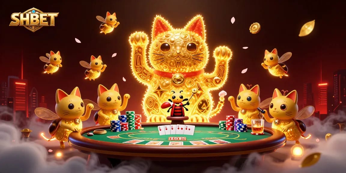 Engage in lively casino play with the SHBET lucky cat and poker elements in a vibrant atmosphere