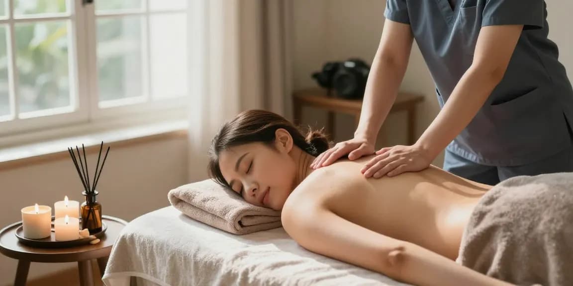 분당출장마사지 서비스를 받는 고객과 전문 관리사, 편안한 가정 환경에서의 힐링 순간.
