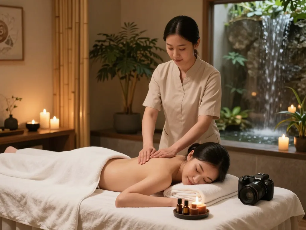 편안한 마사지 치료 장면에서 평온함과 에센셜 오일을 강조하며 오피스타에서의 휴식을 경험해 보세요.