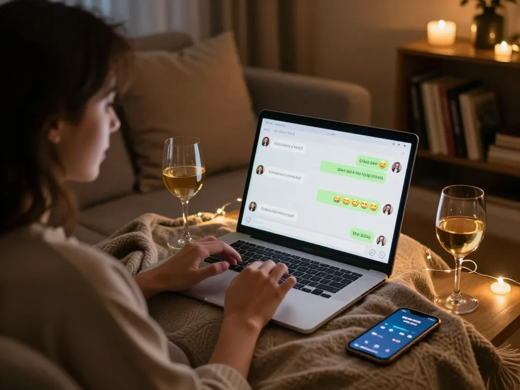 Engaging with an nsfw chat bot on a cozy laptop setup, featuring playful emojis and intimate ambiance.
