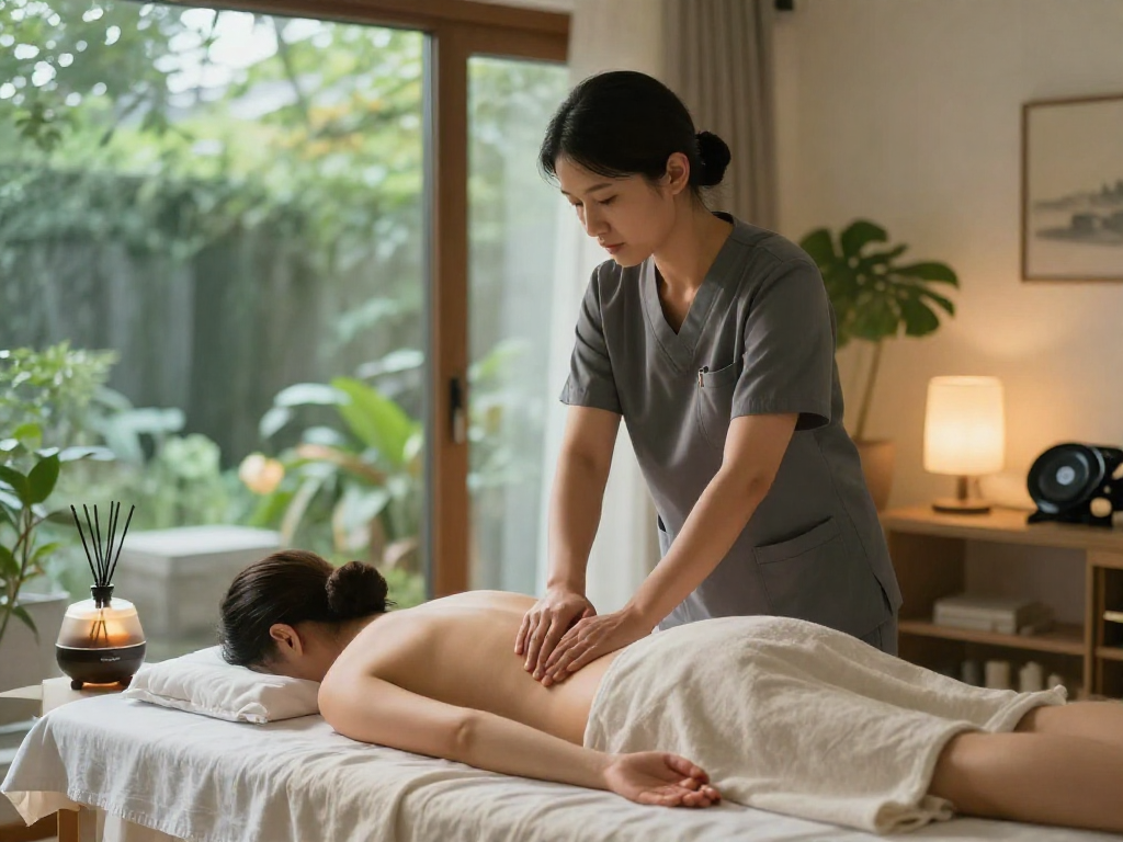 Professional 출장안마 session in a tranquil home setting, highlighting relaxation and wellness.