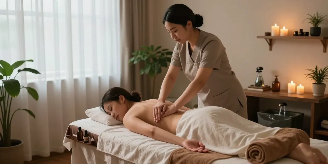1인샵에서 편안한 마사지를 받는 모습, 아늑한 치료 공간과 자연 요소가 조화를 이루는 장면