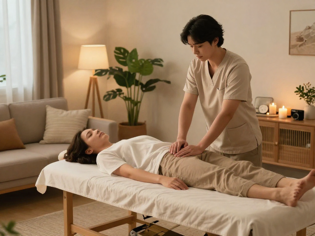 부천출장안마 service with a professional massage therapist preparing a cozy room