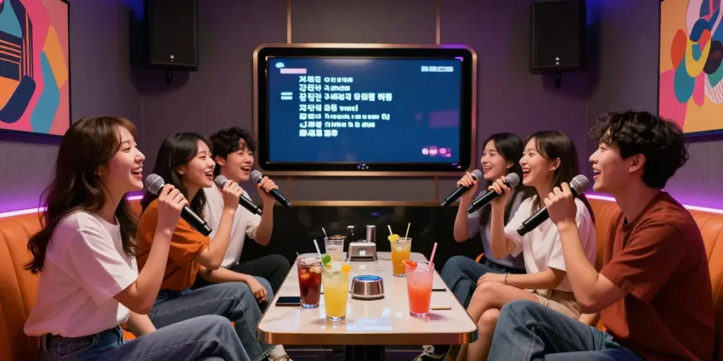 강남도파민에서 친구들과 함께 즐거운 시간을 보내는 모습, 아늑한 조명으로 꾸며진 카라오케 룸