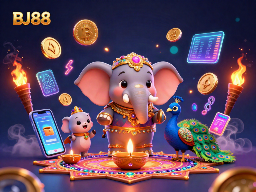 Experience thrilling gaming moments with BJ88's vibrant 3D casino illustration featuring dynamic gambling elements.
