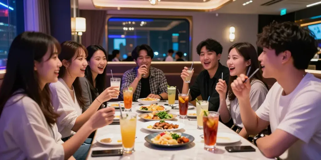 강남구구단 쩜오에서 친구들과 프라이빗 룸에서 즐거운 시간을 보내는 모습