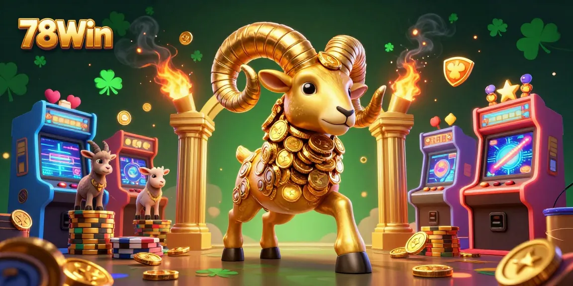 Experience the thrill of 78Win as the golden ram charges through a vibrant casino scene filled with games.