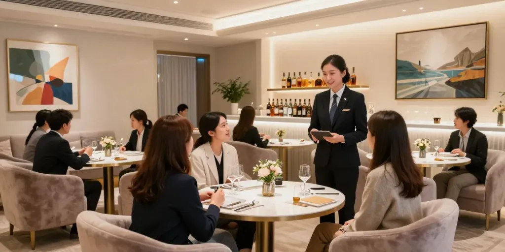 강남 타이밍의 고급스러운 라운지 모습, 우아한 실내 인테리어와 매니저의 친절한 서비스가 강조됨