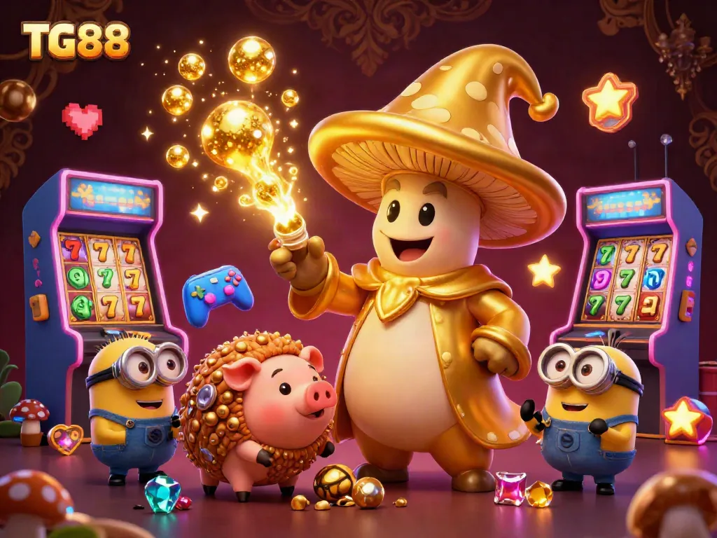 Engage with the magic of TG88 featuring a golden mushroom wizard, treasure-seeking truffle pig, and vibrant slot reels.