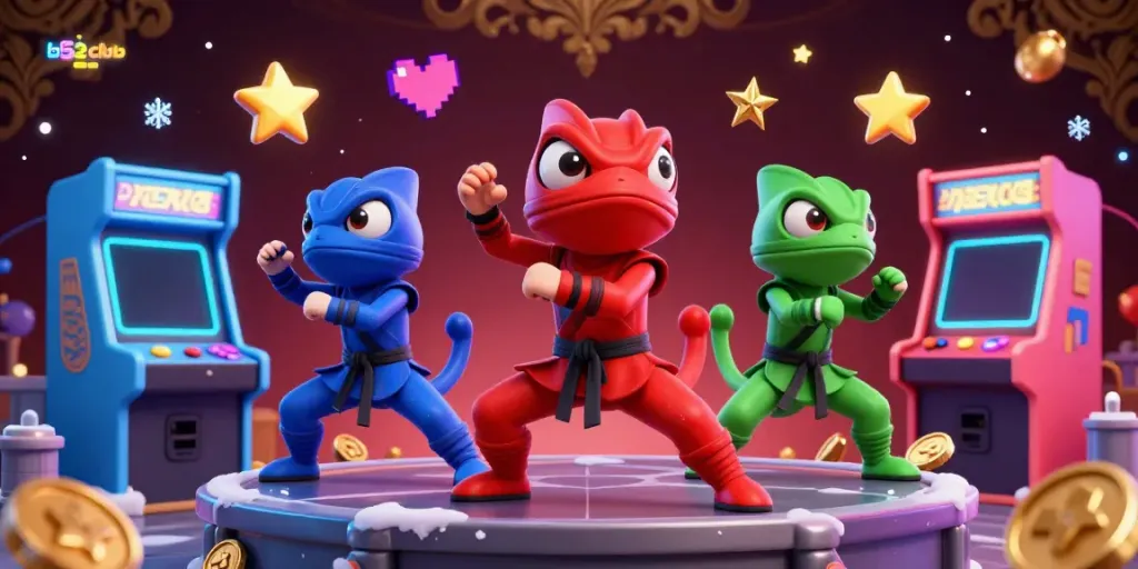 Engage in exciting gameplay at play b52 club with ninja chameleons amidst vibrant arcade machines.