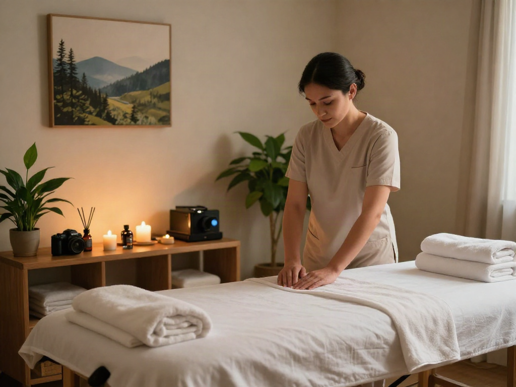 양천구출장마사지 in a serene therapy room with calming atmosphere and soothing elements.