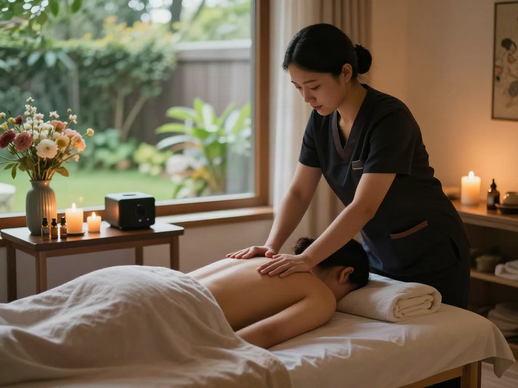 양천구출장마사지 in a calming home setting, professional therapist ensuring a tranquil experience with ambient lighting and soothing elements.