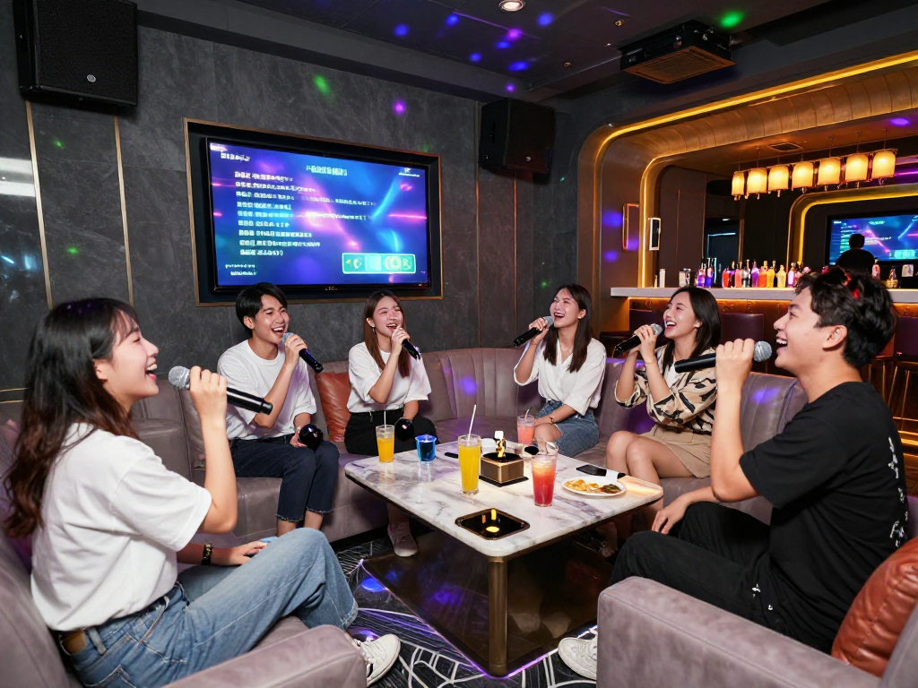 강남 가라오케에서 친구들이 노래를 부르며 즐거운 시간을 보내는 모습, gangnam-karaoke.kr