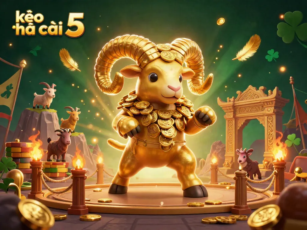 Kèo nhà cái 5 features a golden ram charging at a golden gate, surrounded by dynamic casino elements.