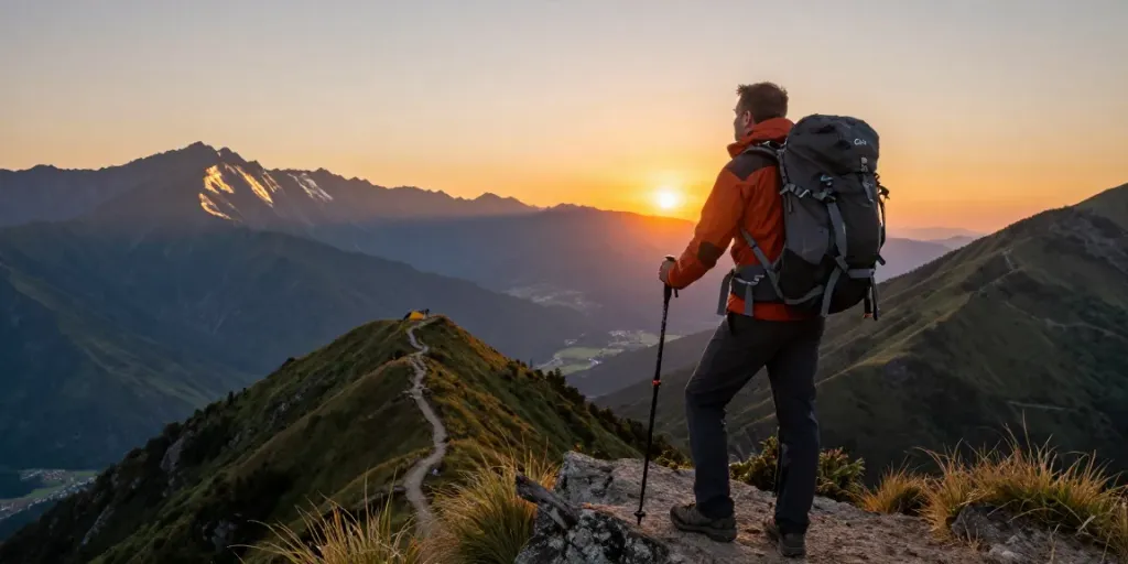 Rokok88 login: Outdoor adventurer at sunset, showcasing camping gear in a scenic mountain view.
