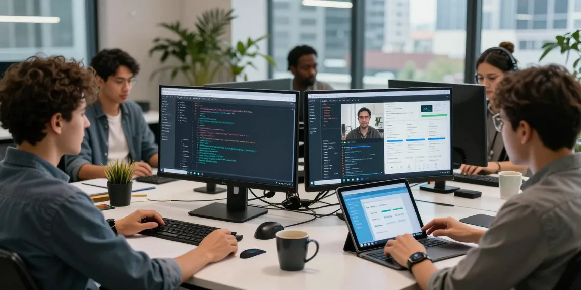 Team of developers collaborating on the WPS Official Website in a modern workspace.
