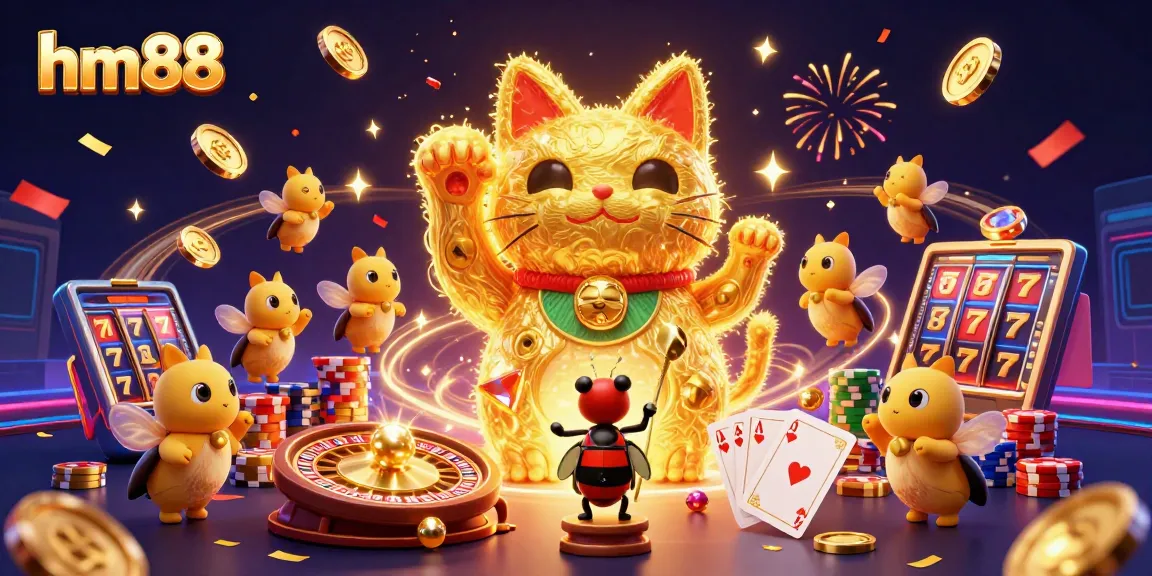 Experience fun with hm88 as luck fills the gaming scene with a vibrant lucky cat and casino symbols.