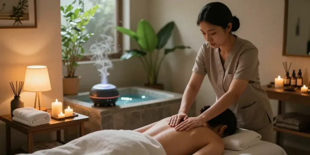 의정부출장안마 session in a serene home spa environment with a therapist providing a relaxing massage.