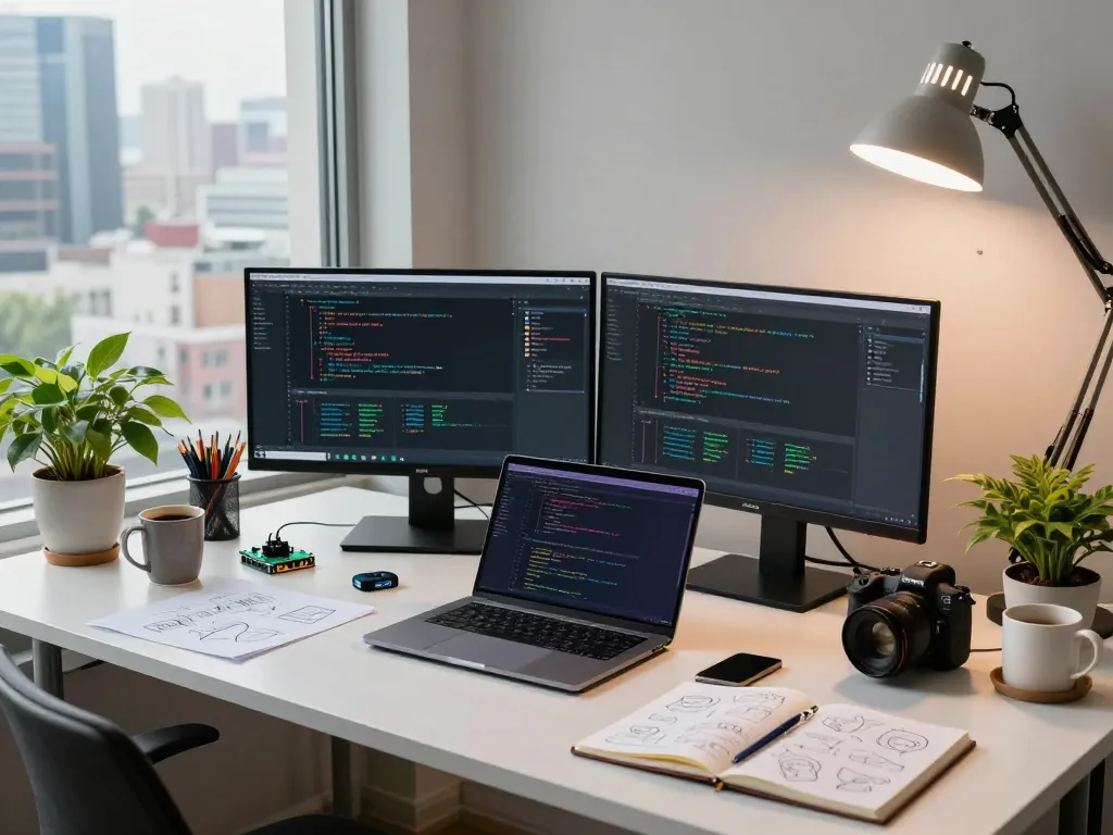Engaging workspace scene with developer coding, showcasing clawdbot ai productivity tools and vibrant atmosphere.