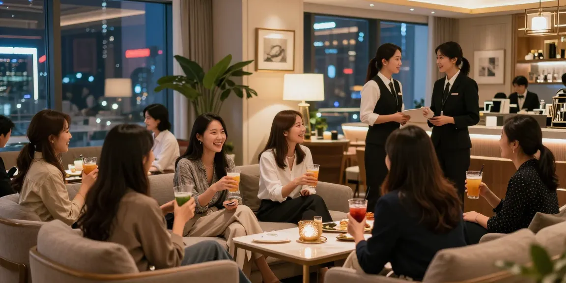 강남쩜오에서의 우아한 저녁 시간, 고객이 즐거운 대화를 나누고 있는 모습