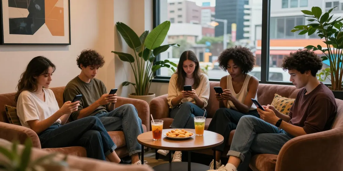 Group of friends exploring 오피사이트 options in an inviting urban lounge.