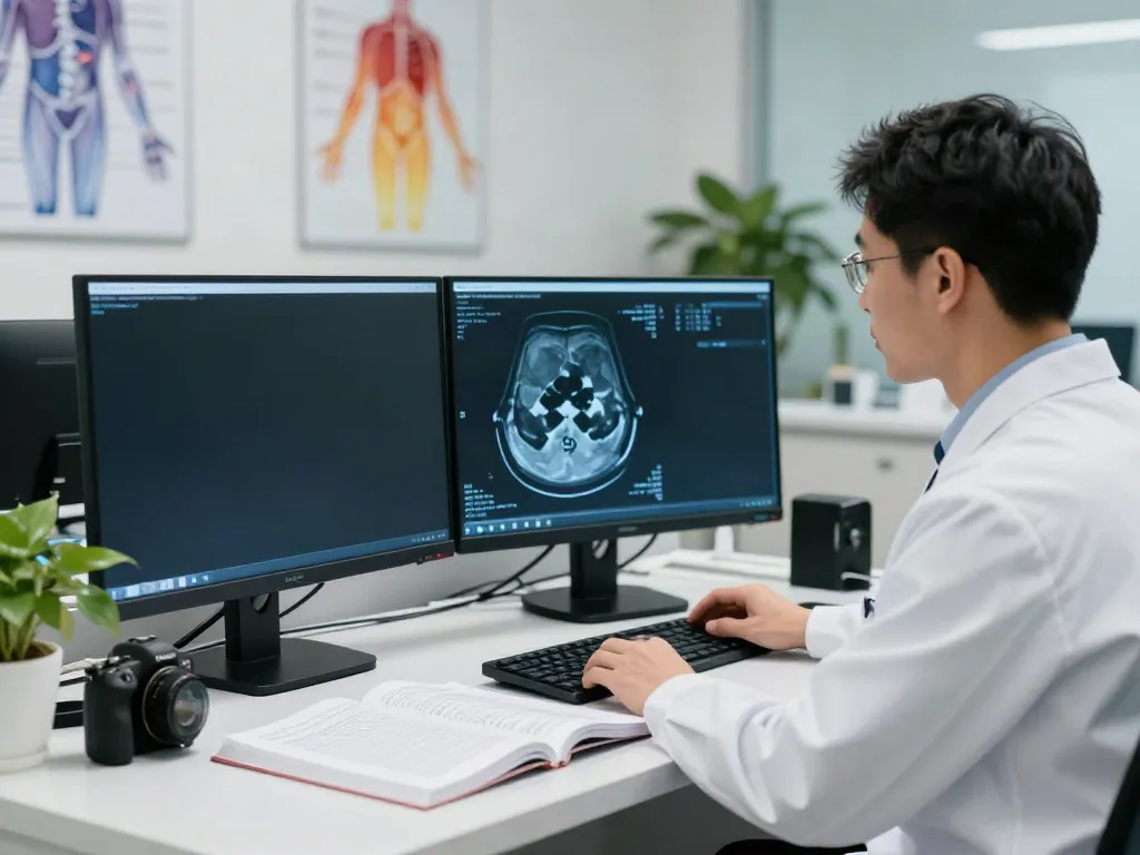 Radiologist reviewing CT, X-Ray, and MRI scans in a modern office, reflecting professional medical practices.