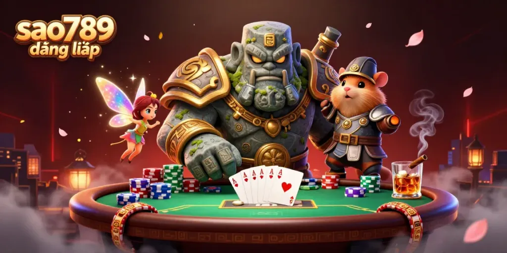 Experience the thrill of gaming with sao789 đăng nhập as a golem guardian, fairy magic, and a hamster knight set amongst vibrant poker elements.