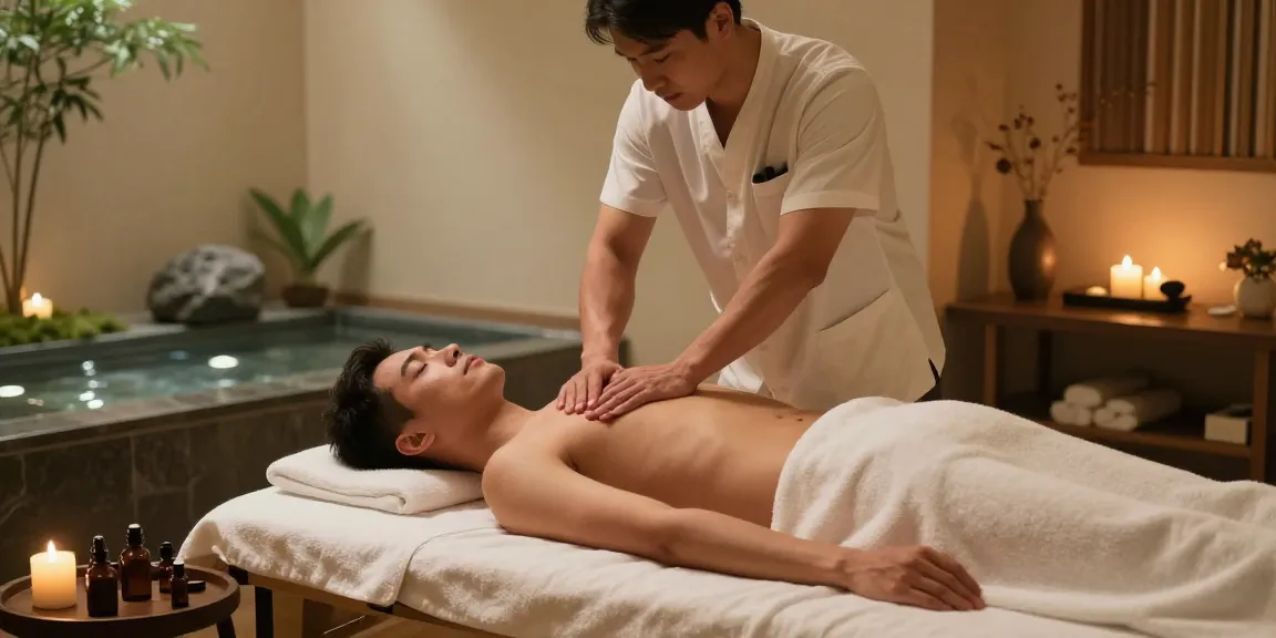 전주마사지 전문 남성 마사지 치료 장면에서 편안한 분위기와 아로마 오일이 있는 스파 설정