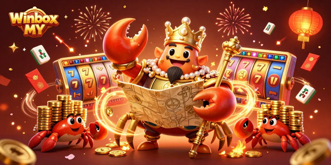 Engage with Winbox MY as the golden crab emperor presides over thrilling slot action and vibrant gaming elements.