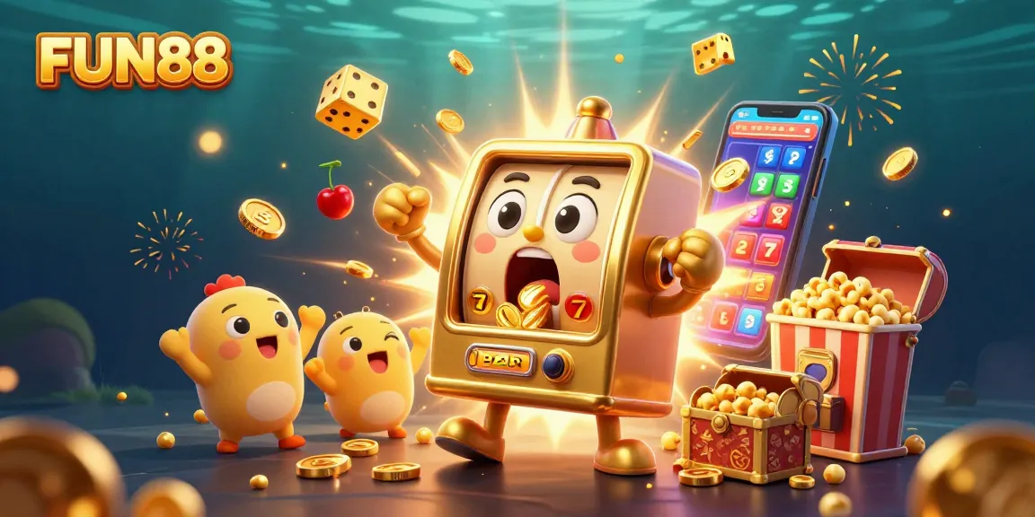 FUN88's golden slot machine celebrates a jackpot as coins cascade, illustrating the excitement of casino gaming.