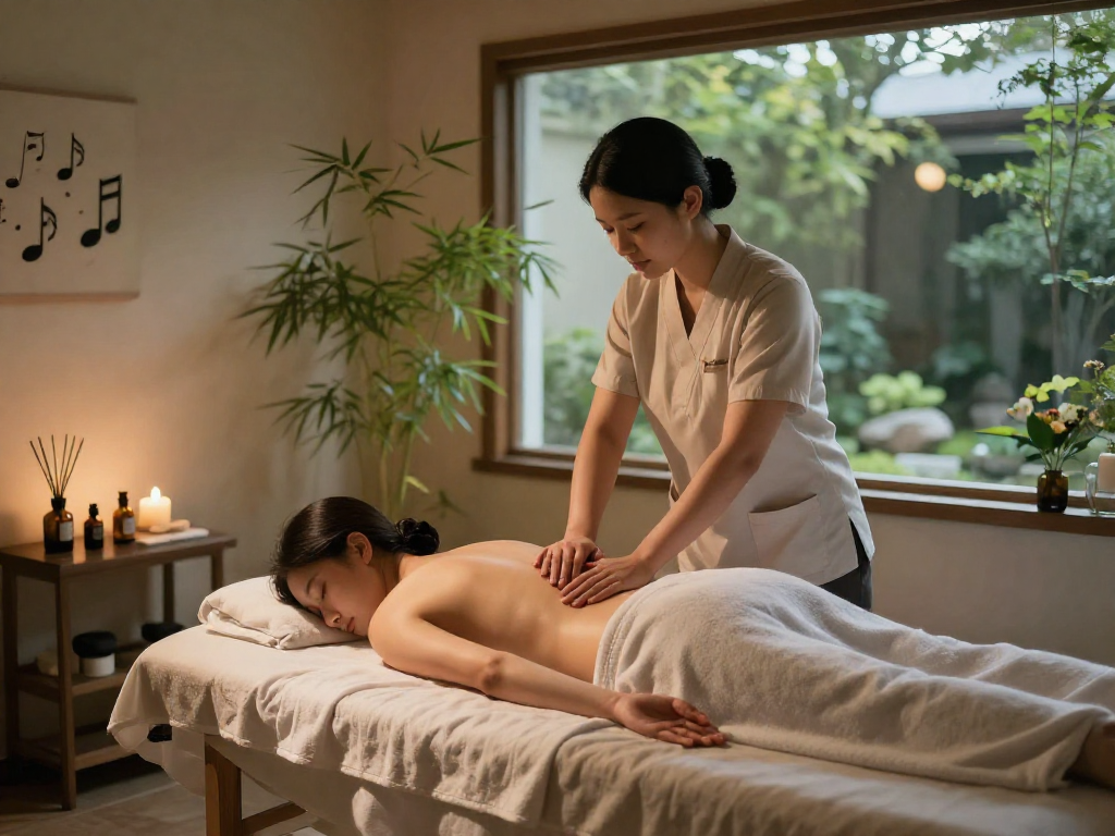 부천출장안마 therapist providing a relaxing massage in a serene spa setting with calming decor.