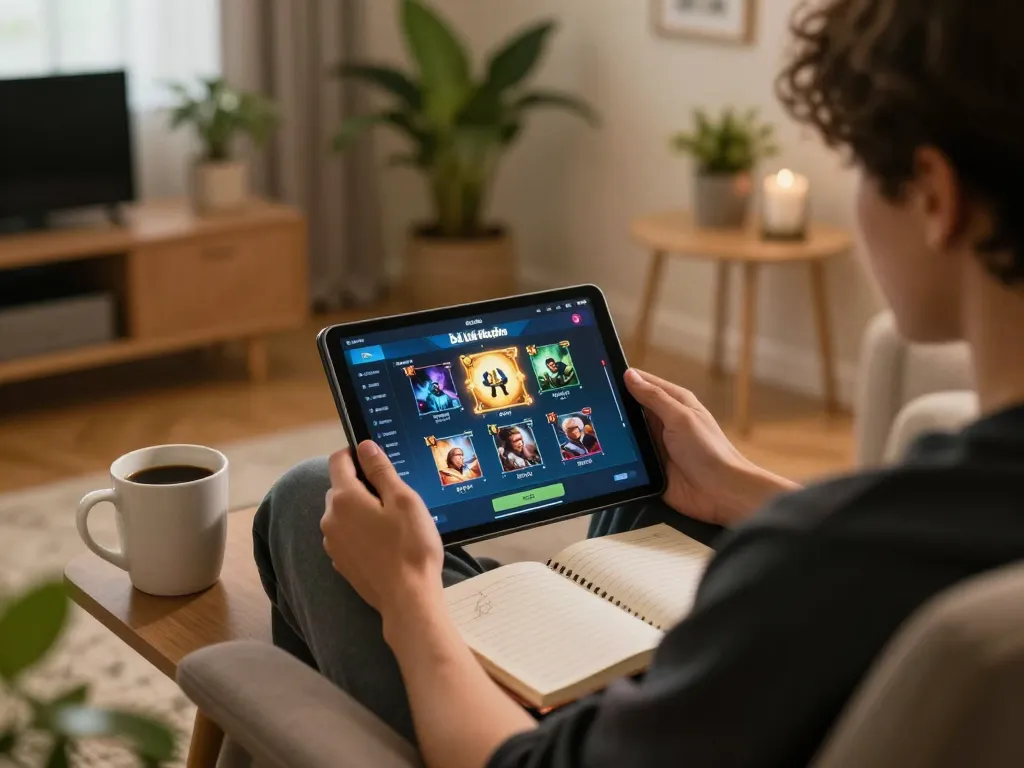 Engaging with top game bài đổi thưởng through a tablet at home, showcasing strategic planning.