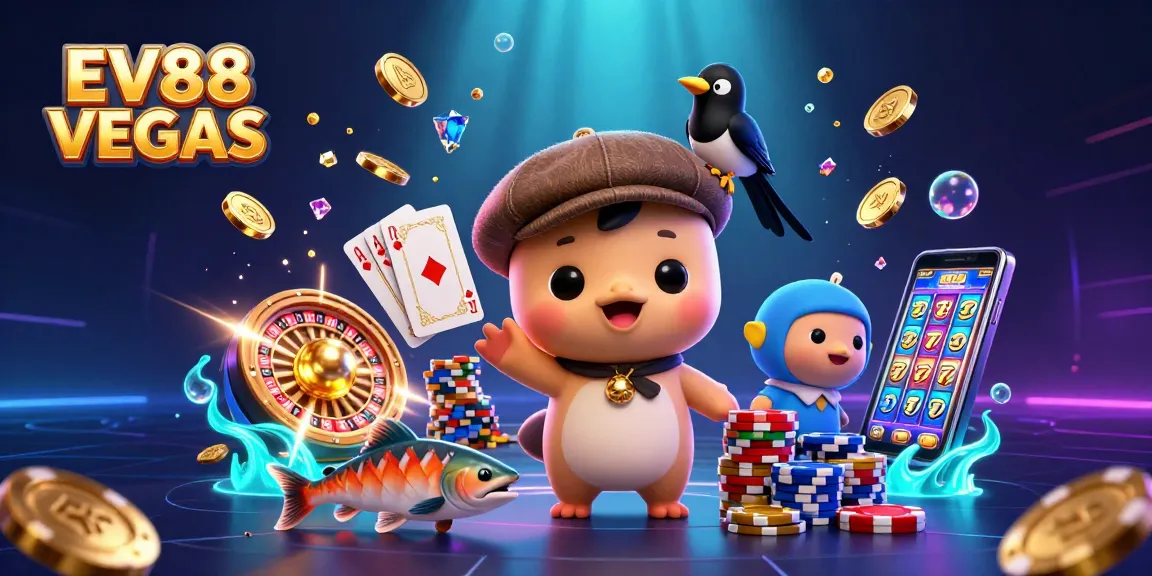 Spin to win at EV88 VEGAS with playful characters and vibrant casino elements.