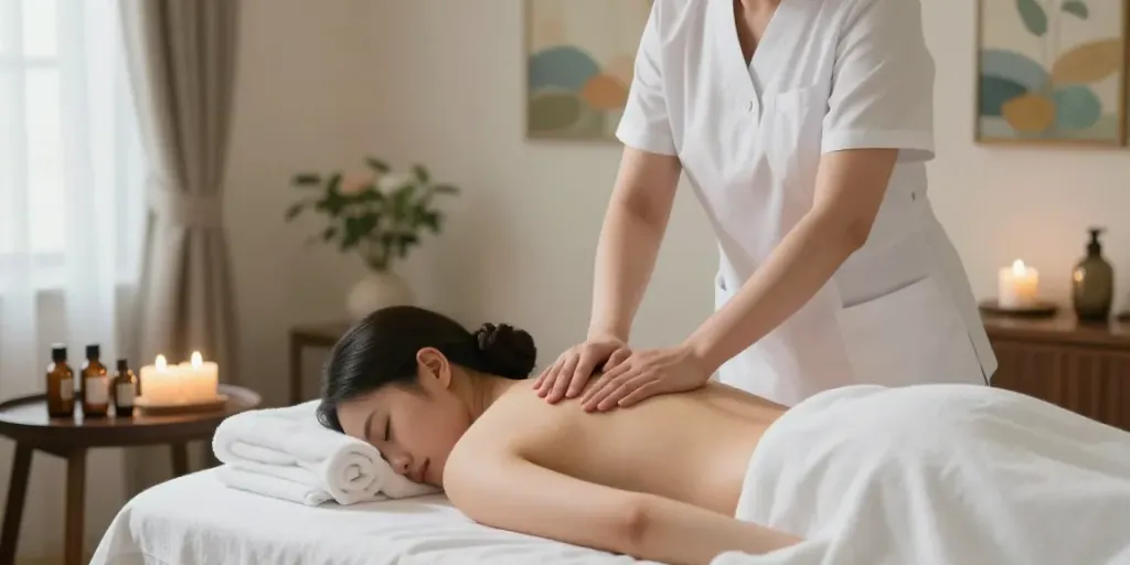 Relaxing 구리출장안마 session with a massage therapist in a serene spa environment.