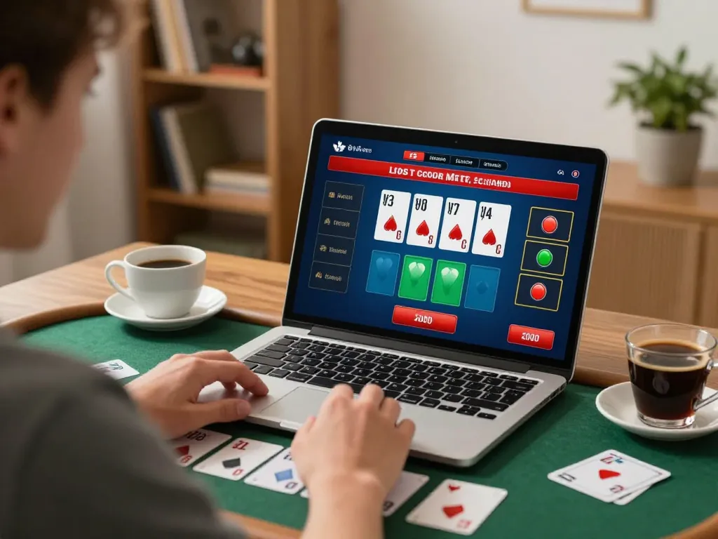 Player enjoying blackjack on a laptop at home, tr88 casino interface visible on screen, cozy atmosphere.