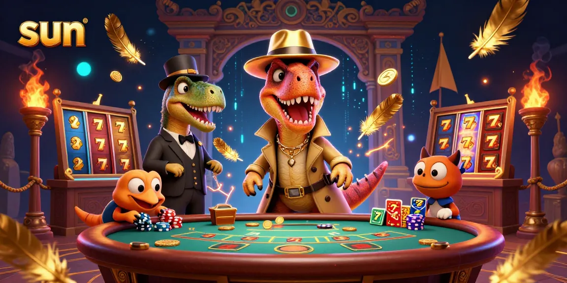 Experience the thrill of sun-themed gaming with a velociraptor card counter at a vibrant casino table.